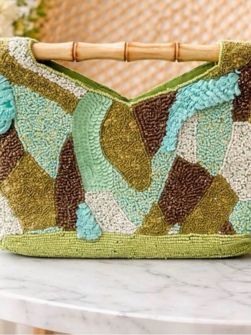 Handcrafted Beaded Bag with Green Sequin Detail